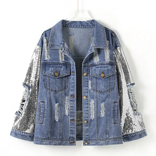 Women Fashion Denim Blue Sequin-Sleeve Distressed Denim Women